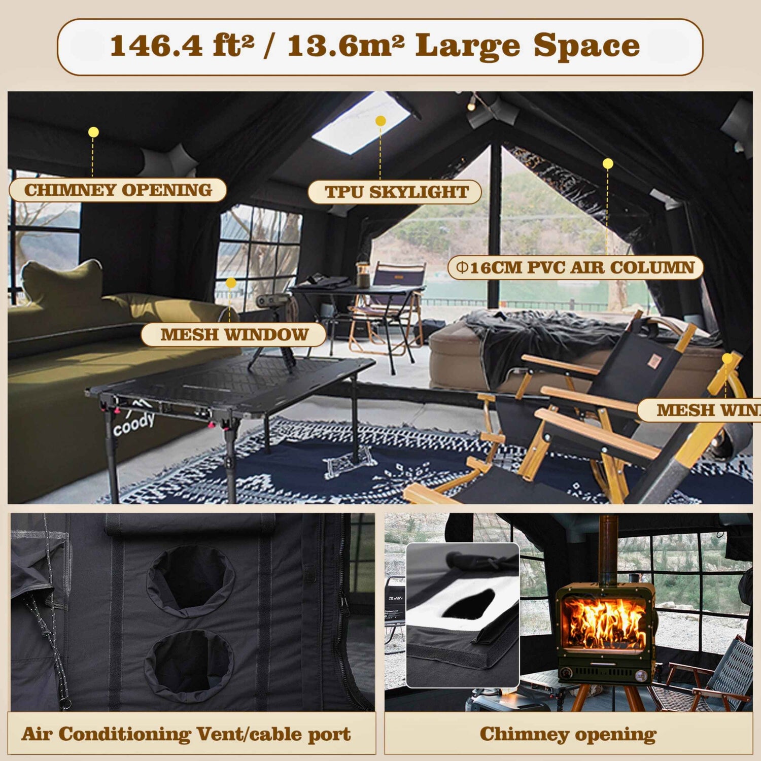 Coody 13.6 Black (2-8 personas) + Estufa de leña RBM Caminus M