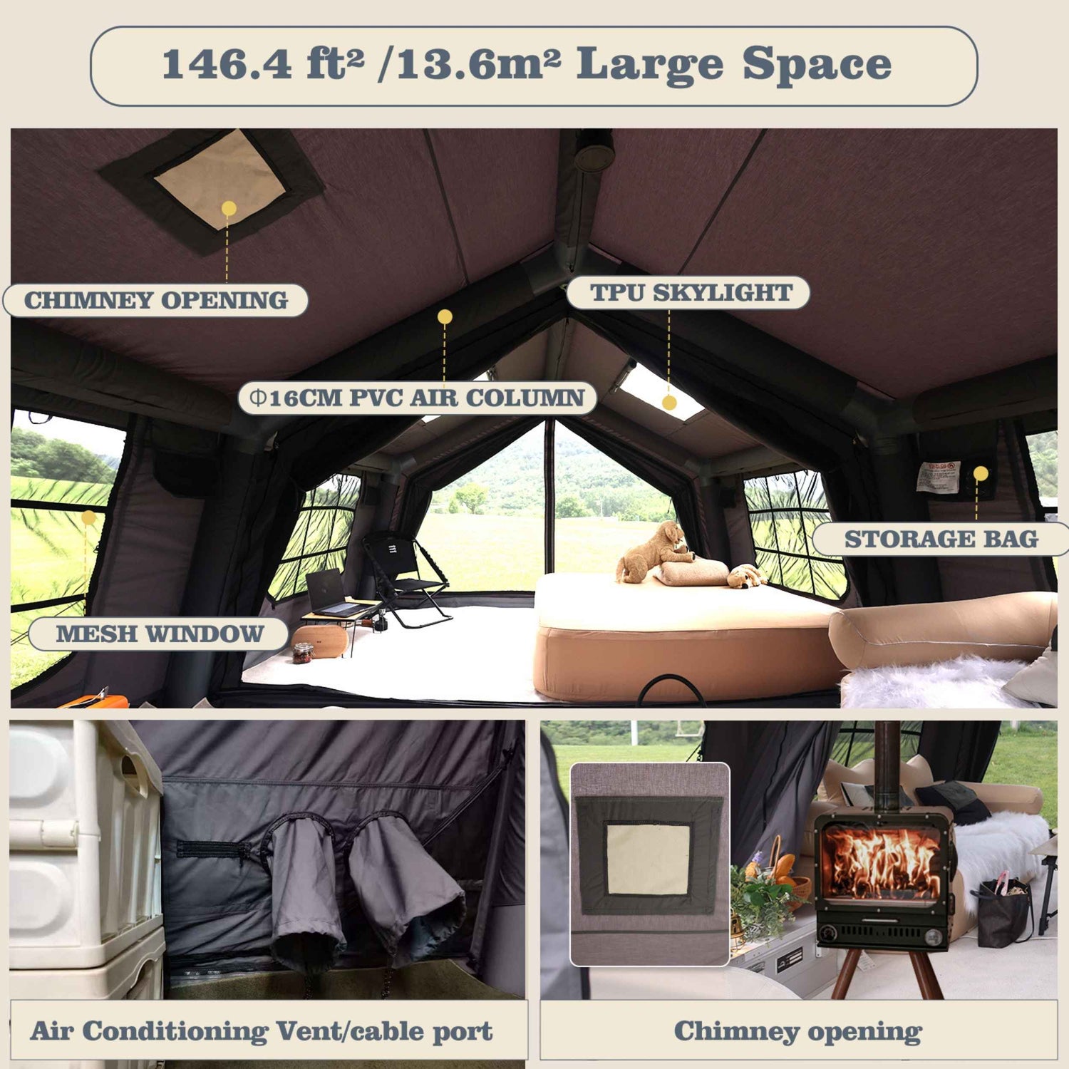 Coody 13.6 (Koala-5) Tente gonflable grise pour le camping (2-8 personnes)