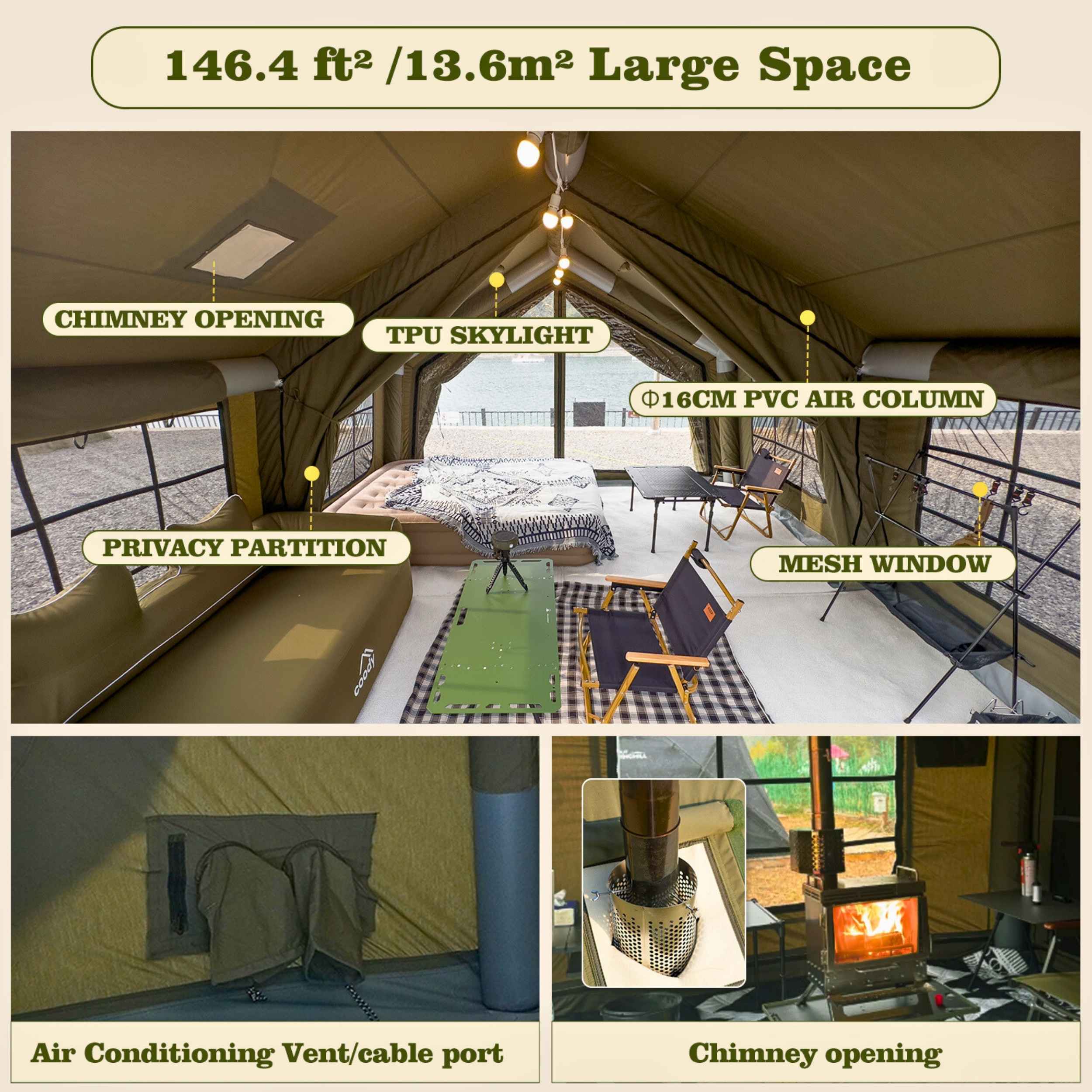 Coody 13.6 Forest Green Inflatable Hot Tent + Caminus M Wood Stove