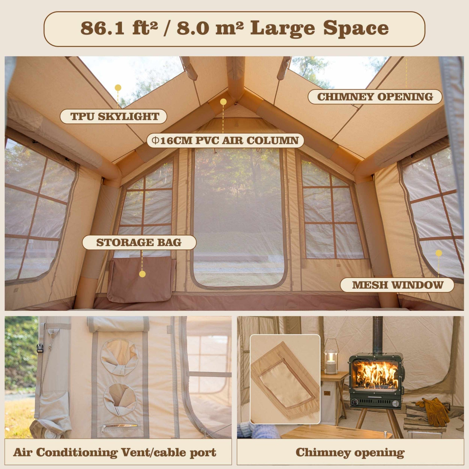 Coody 8.0 Beige Inflatable Tent for Camping (1-4 person)
