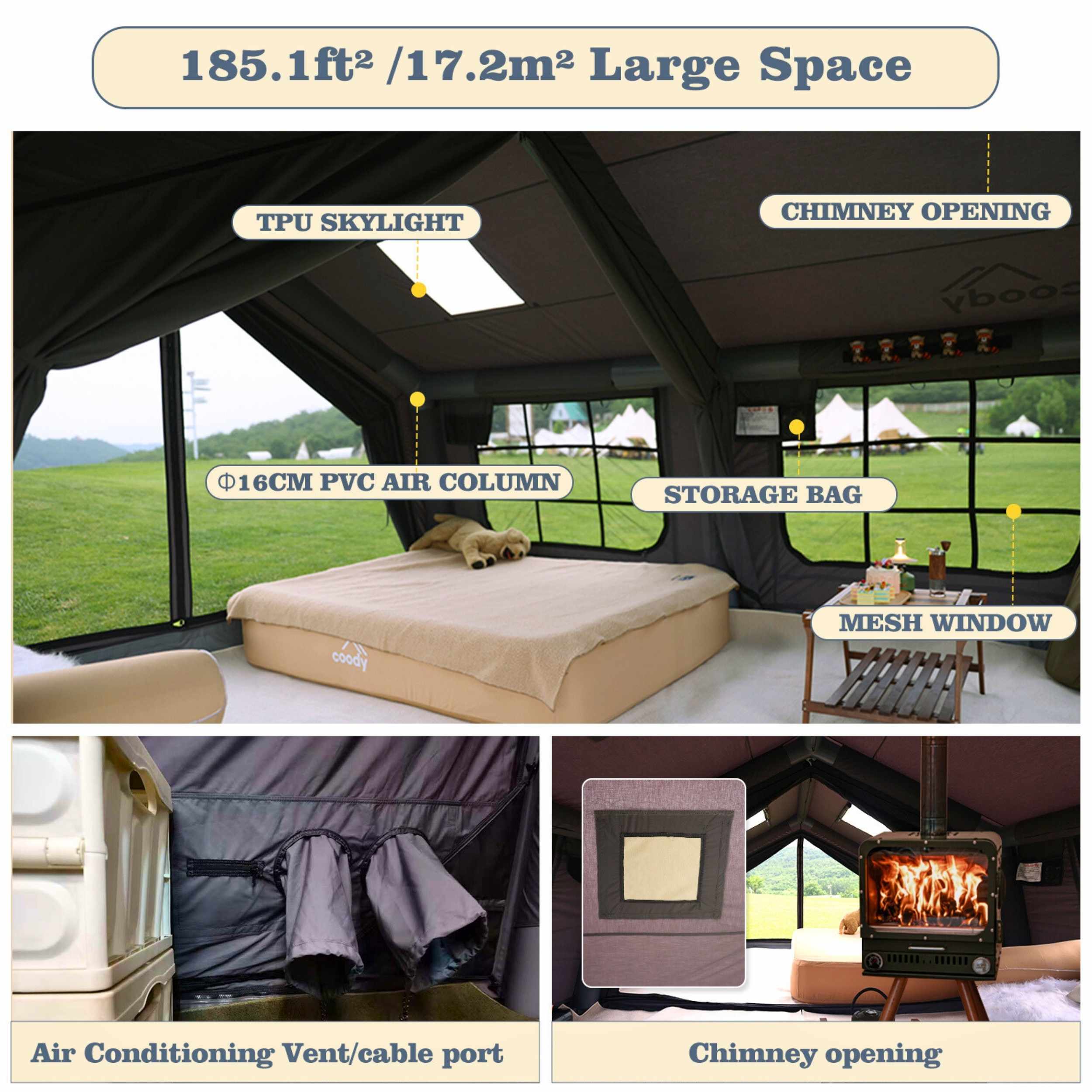 Coody 17.2 Gray Large 2-Room Inflatable Hot Tent with Stove Jack