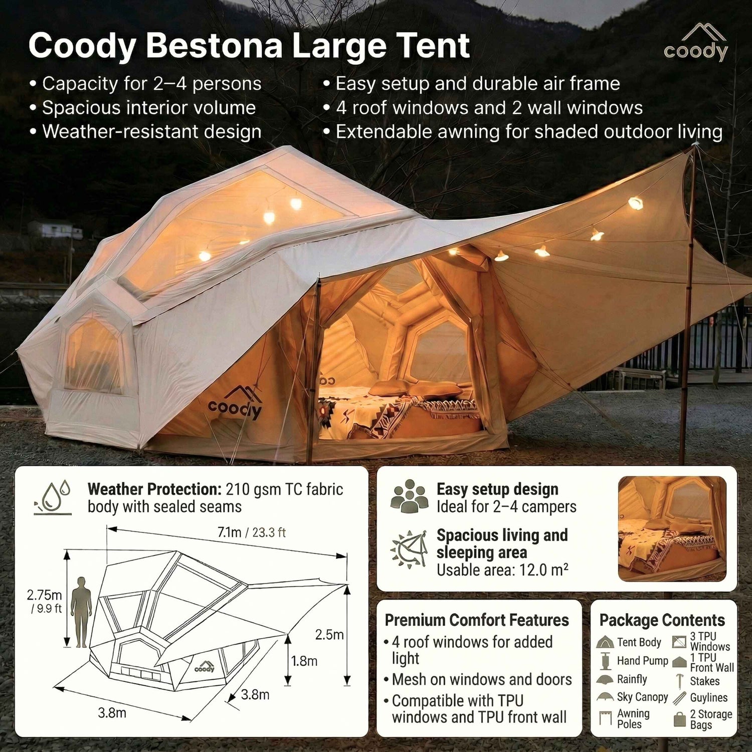 Coody | Tente gonflable RBM Bestona pour 2 à 4 personnes (Beige)