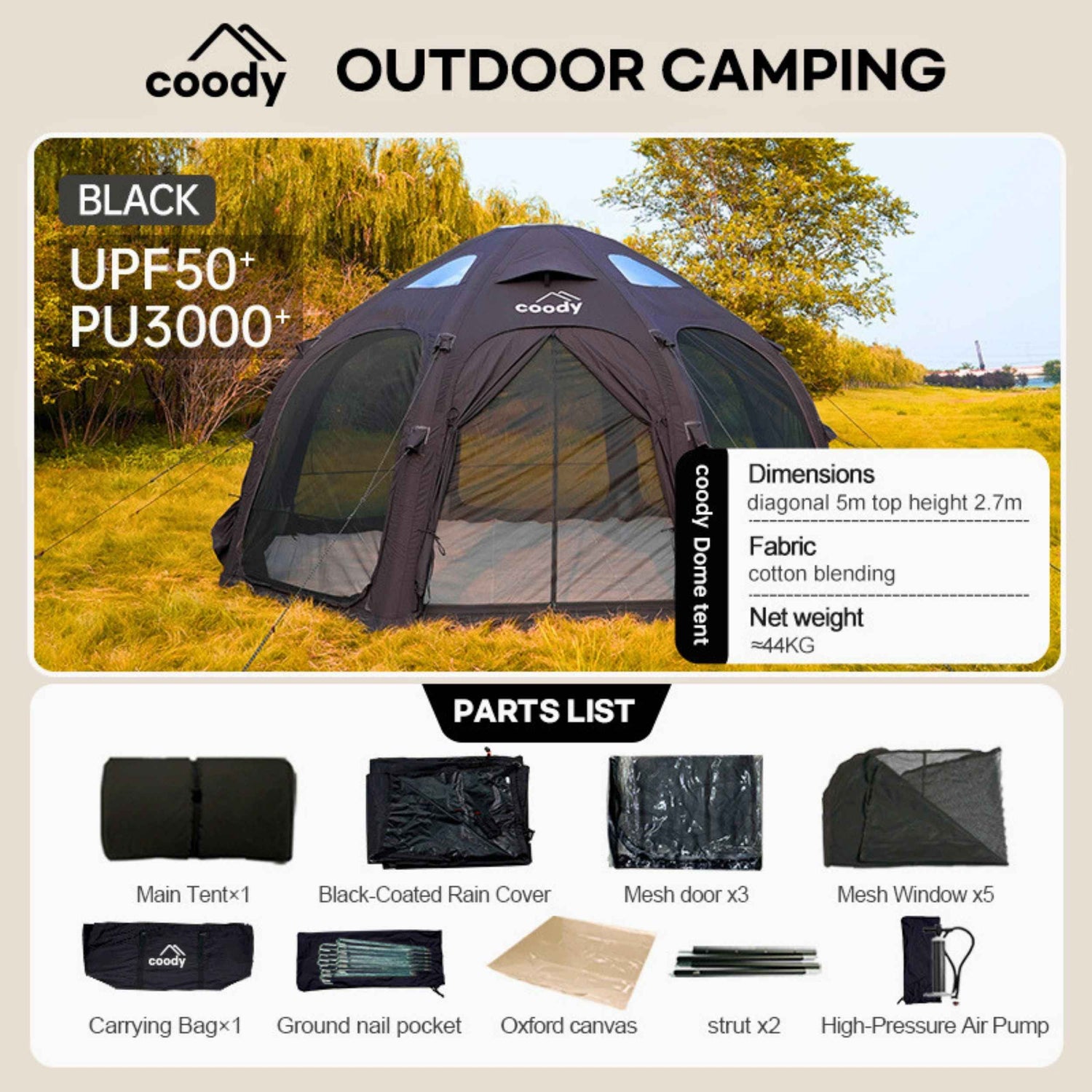 Tienda inflable de lujo Coody Aurora Dome negra (para 2-4 personas)