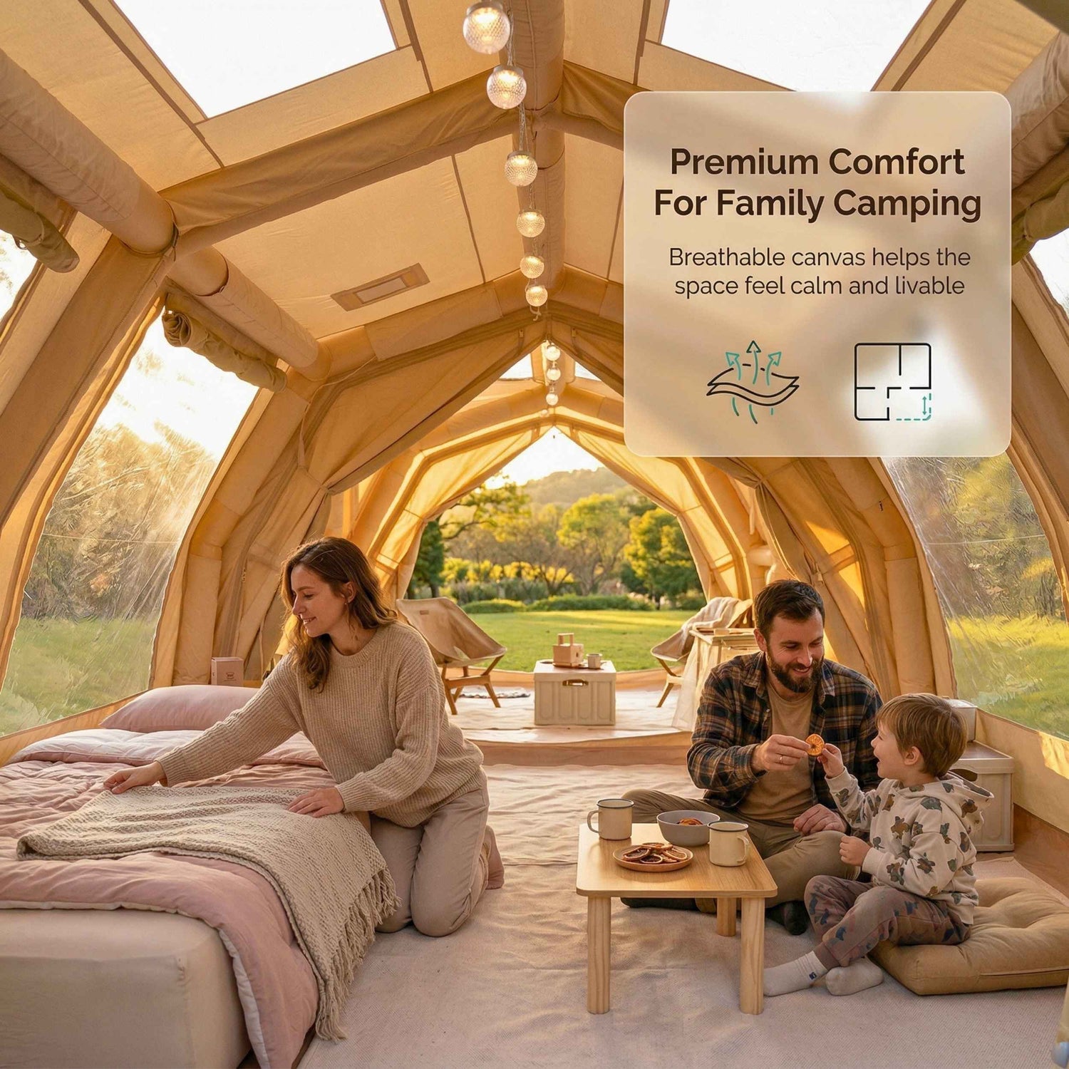 Coody Familia AirTent 17.2 PRO Beige (2-10 Person)+Electric Pump+TPU Door Beige+Ground Sheet