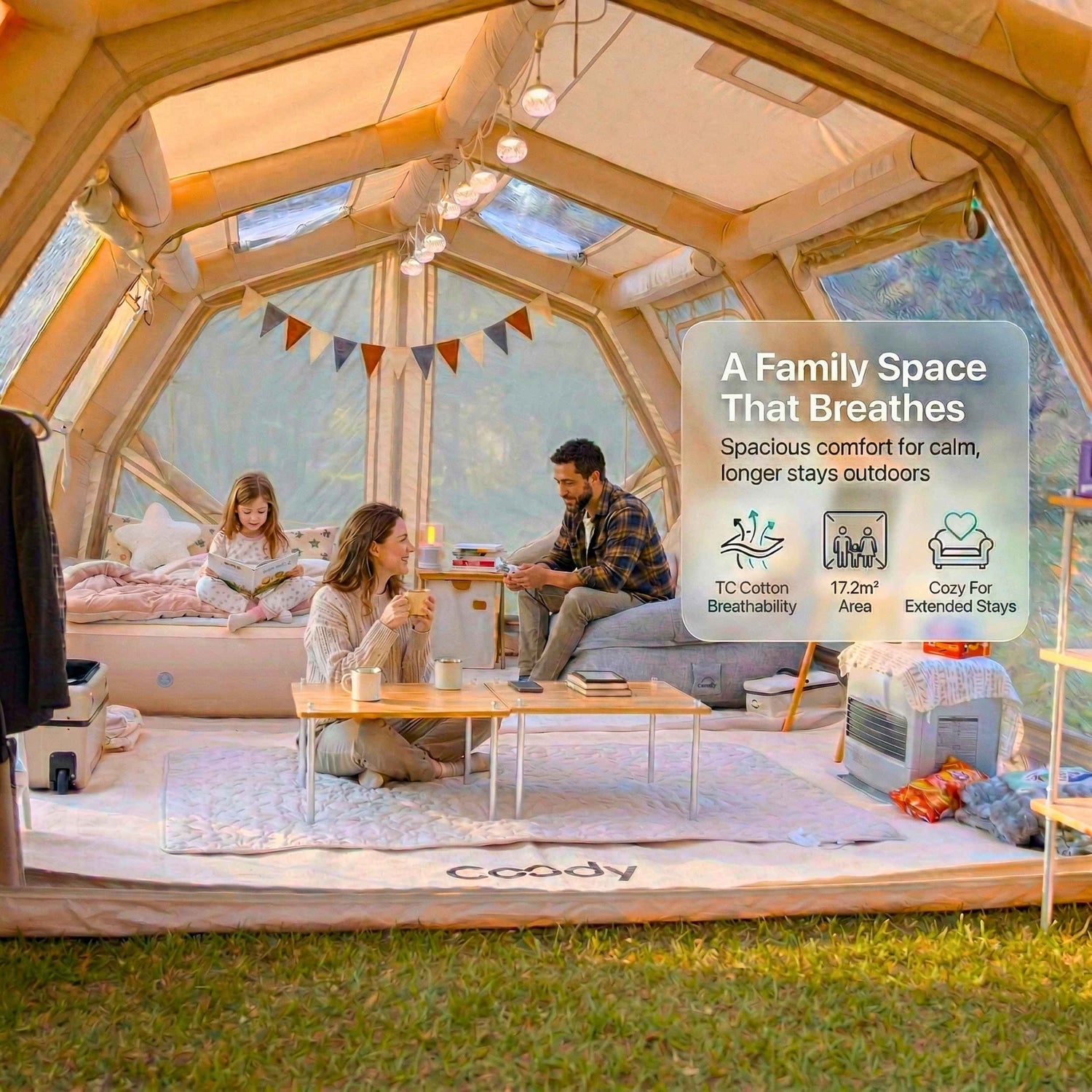 Coody Familia AirTent 17.2 PRO Beige (2-10 Person)+Electric Pump+TPU Door Beige+Ground Sheet