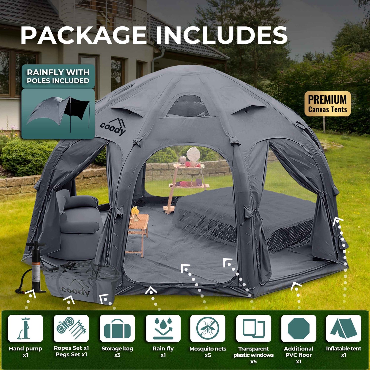 Tente gonflable de luxe Coody Aurora Dome Black (2-4 personnes)
