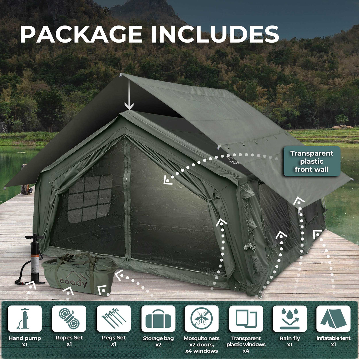 Coody 17.2|RBM Outdoors Koala 7 Green-Inflatable Tent with Stove Jack