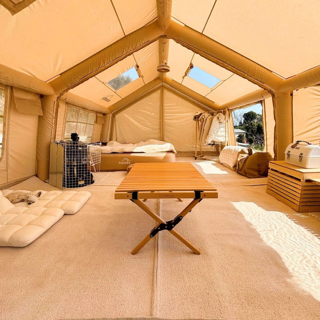 Coody 17.2 | RBM Outdoors (Koala 7) Beige + Stove Caminus M - Inflatable Tents for Camping with Stove