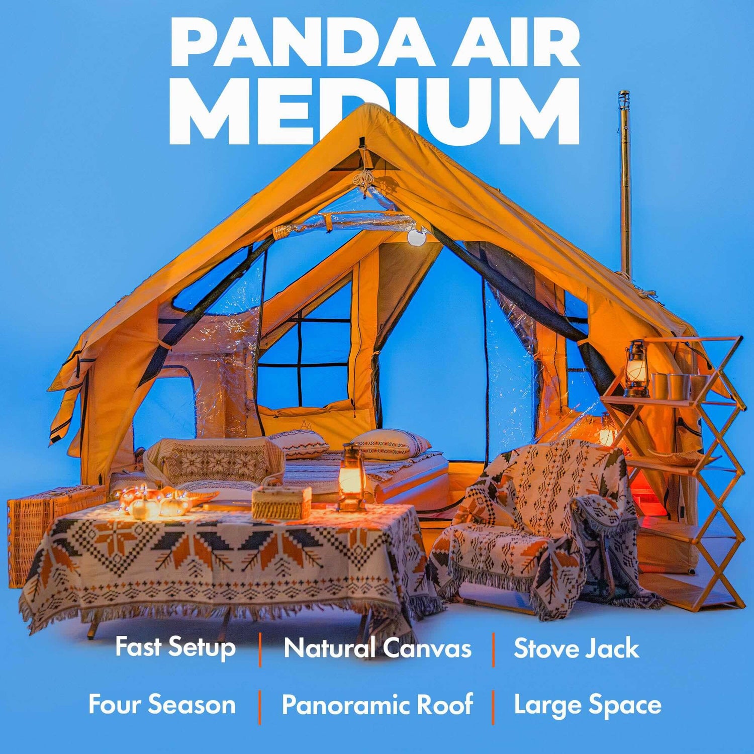 Small inflatable tent with stove jack for winter camping above freezing