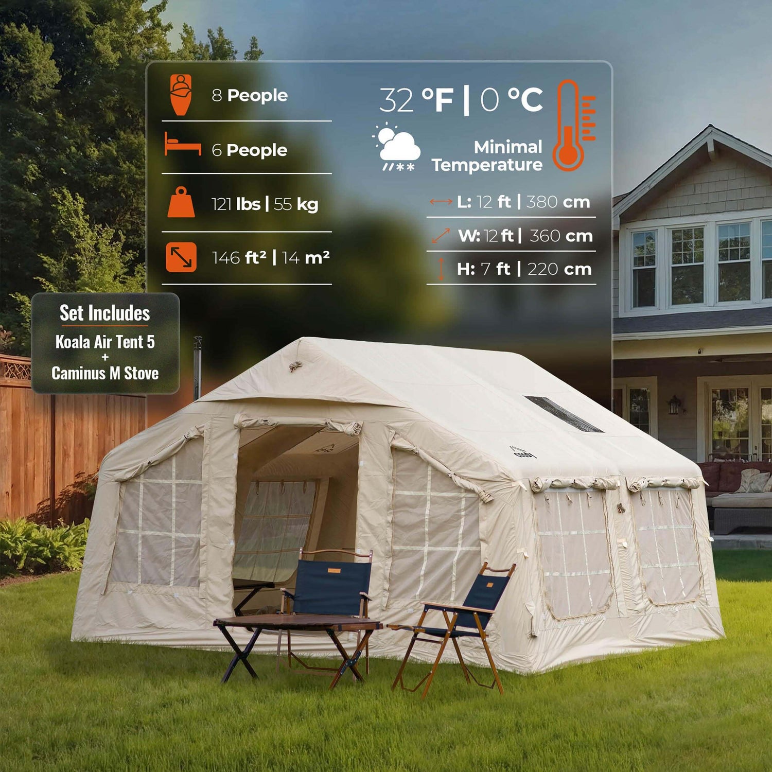 koala air tent 5 Coody 13.6 Beige (2-8 person) + RBM Wood Stove Caminus M