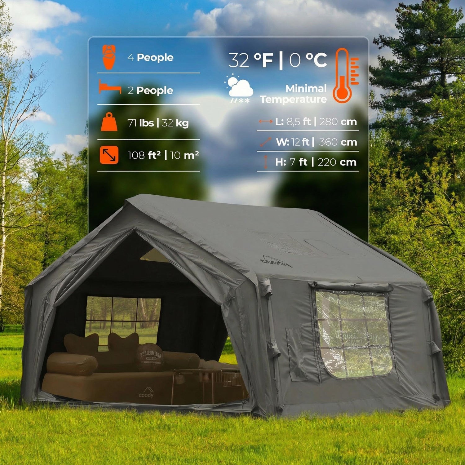 Coody 10.0 Gray Inflatable Tent House for Camping (2-4 person)