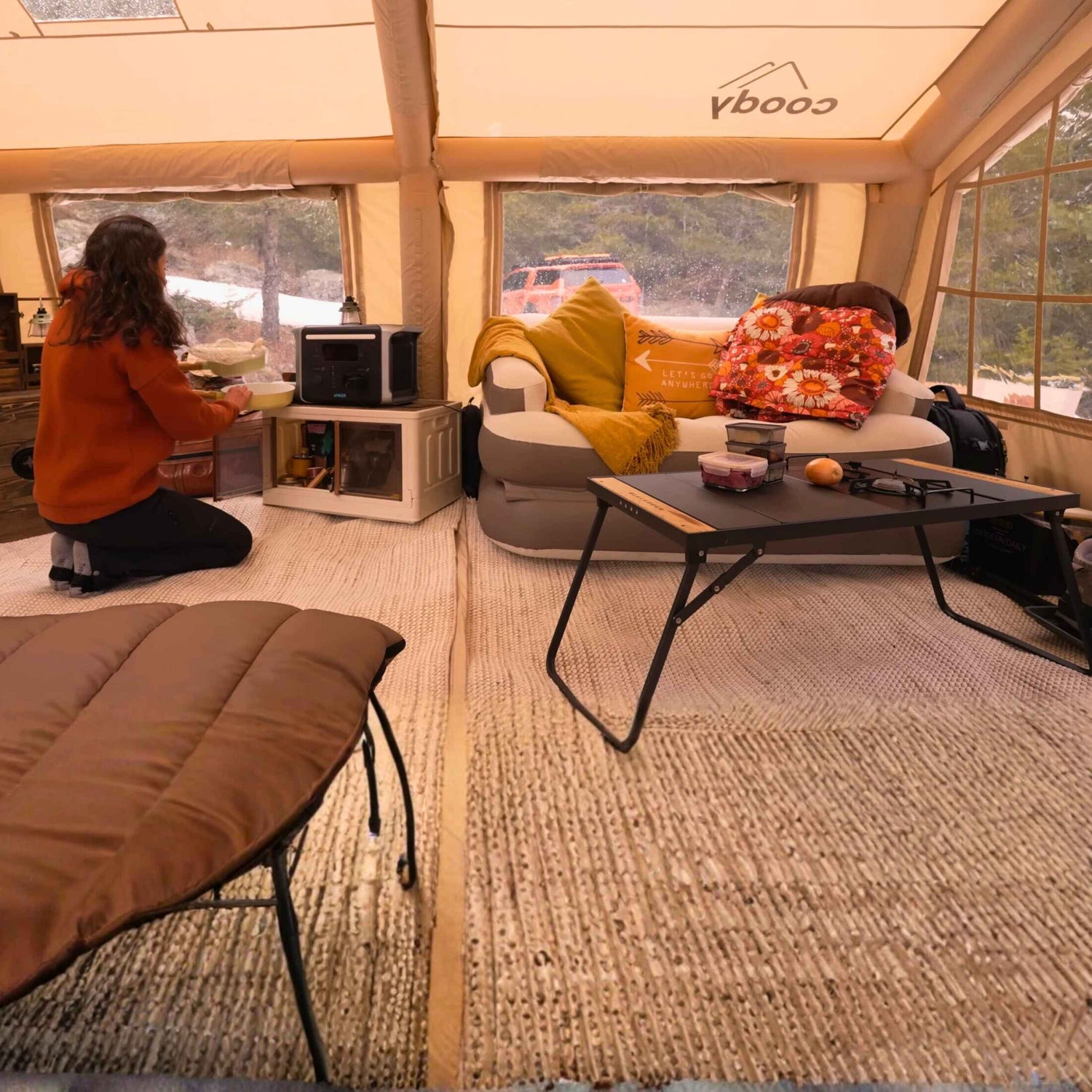 camping inside Koala Air Tent 5 | Inflatable Tent with Stove Jack