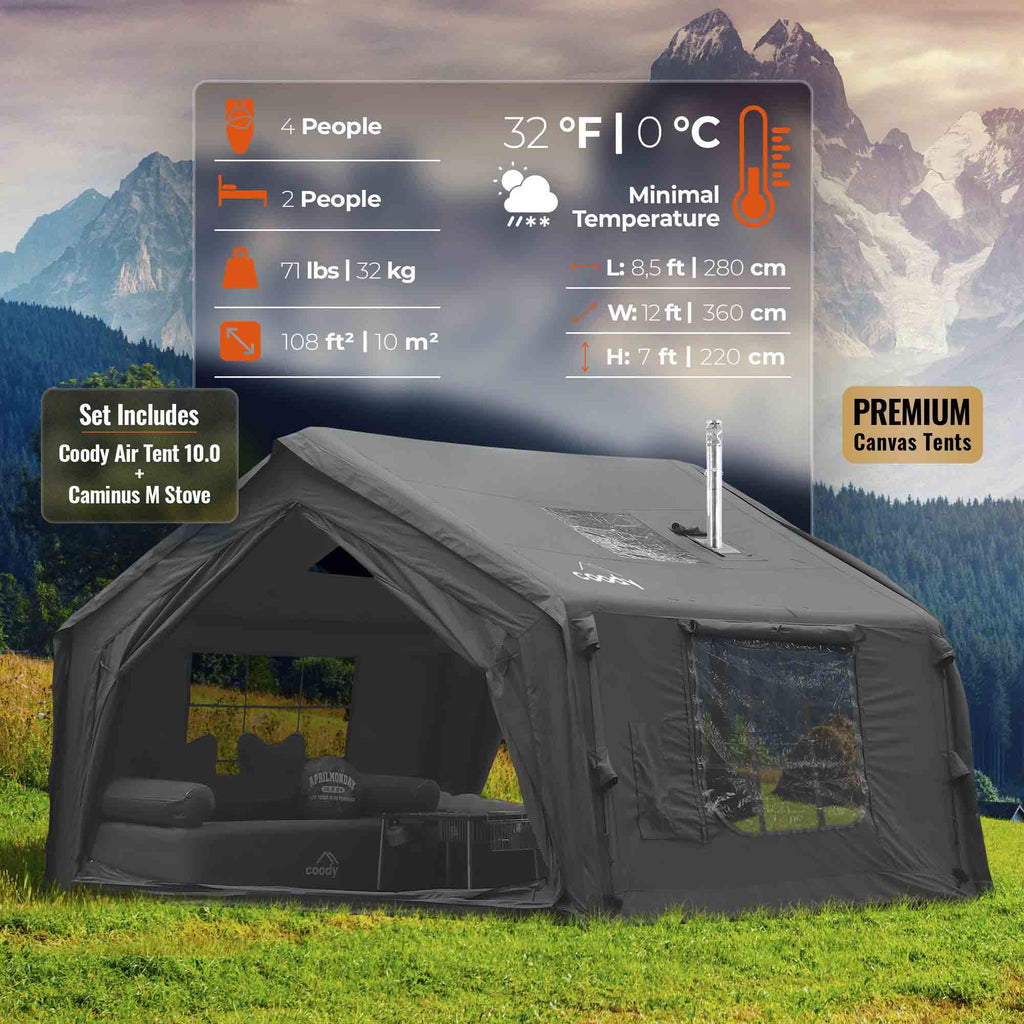 Coody 10 Black + Stove Caminus S - Inflatable Tents with Stove