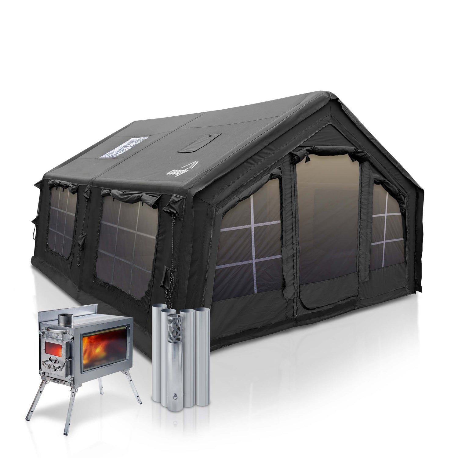 Coody 13.6 | RBM Outdoors (Koala 5) Black + Stove Caminus M - Inflatable Tents with Stove