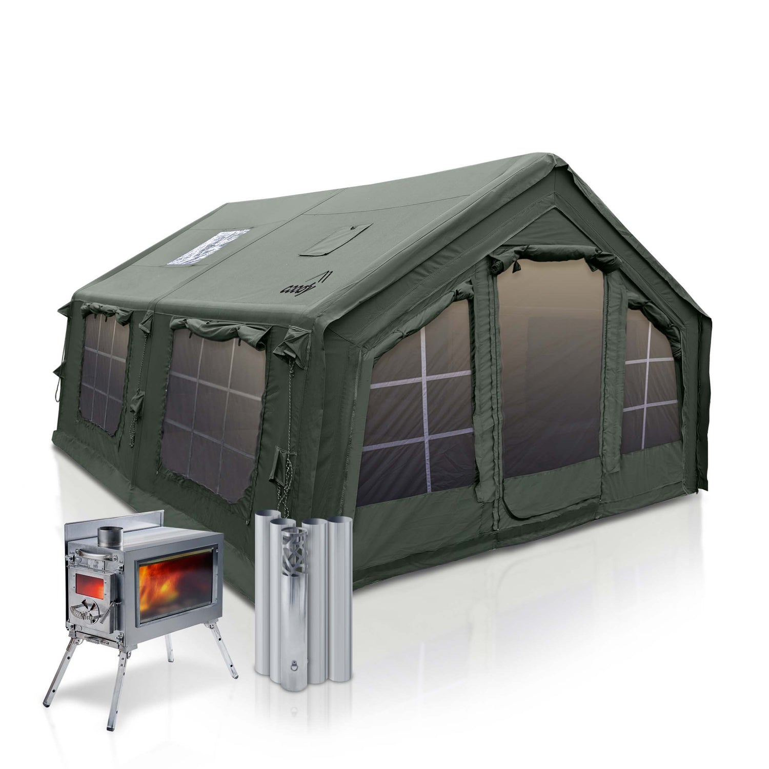 Coody 13.6 | RBM Outdoors (Koala 5) Forest Green + Stove Caminus M - Inflatable Tents with Stove