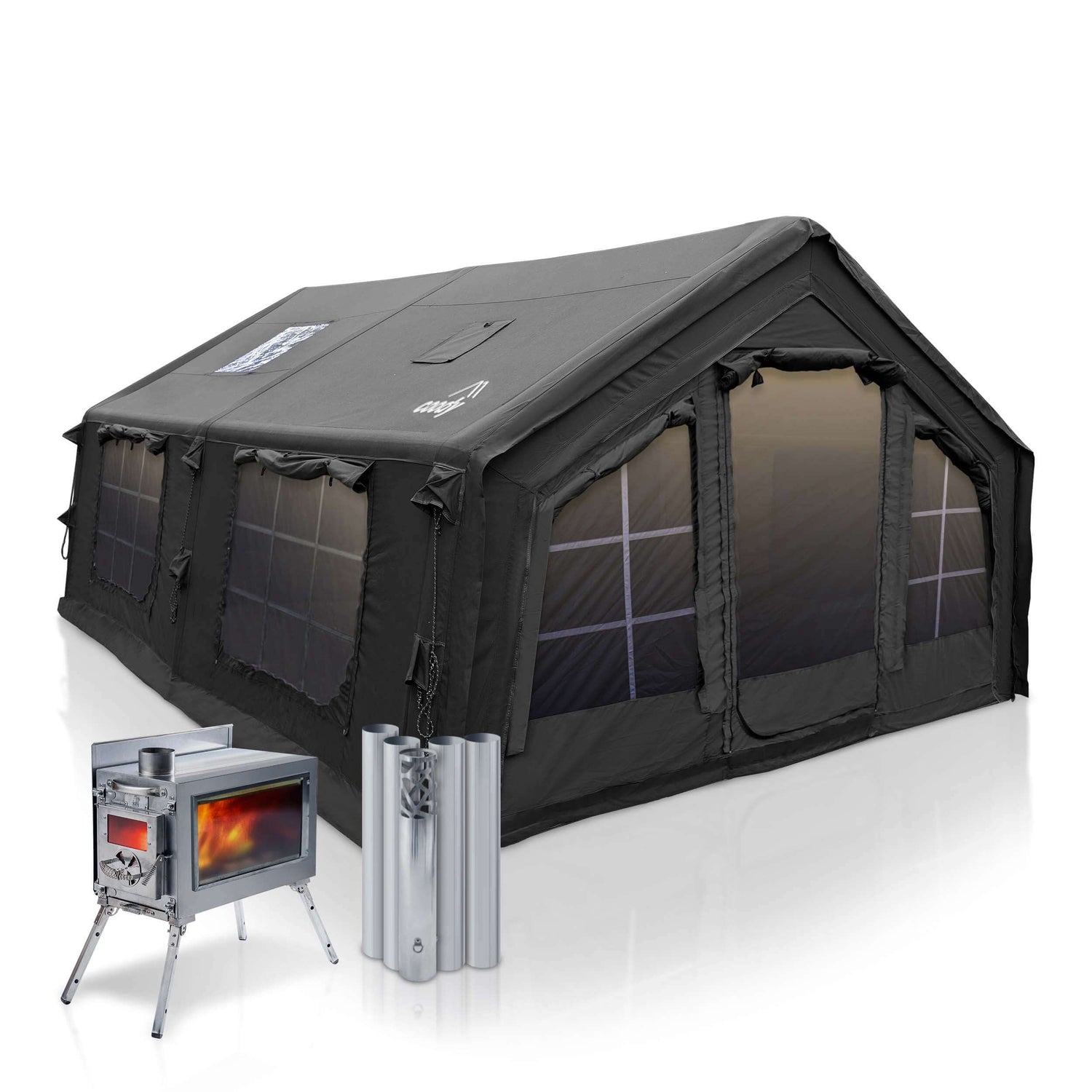 Coody 17.2 | RBM Outdoors (Koala 7) Black + Stove Caminus M - Inflatable Tents with Stove