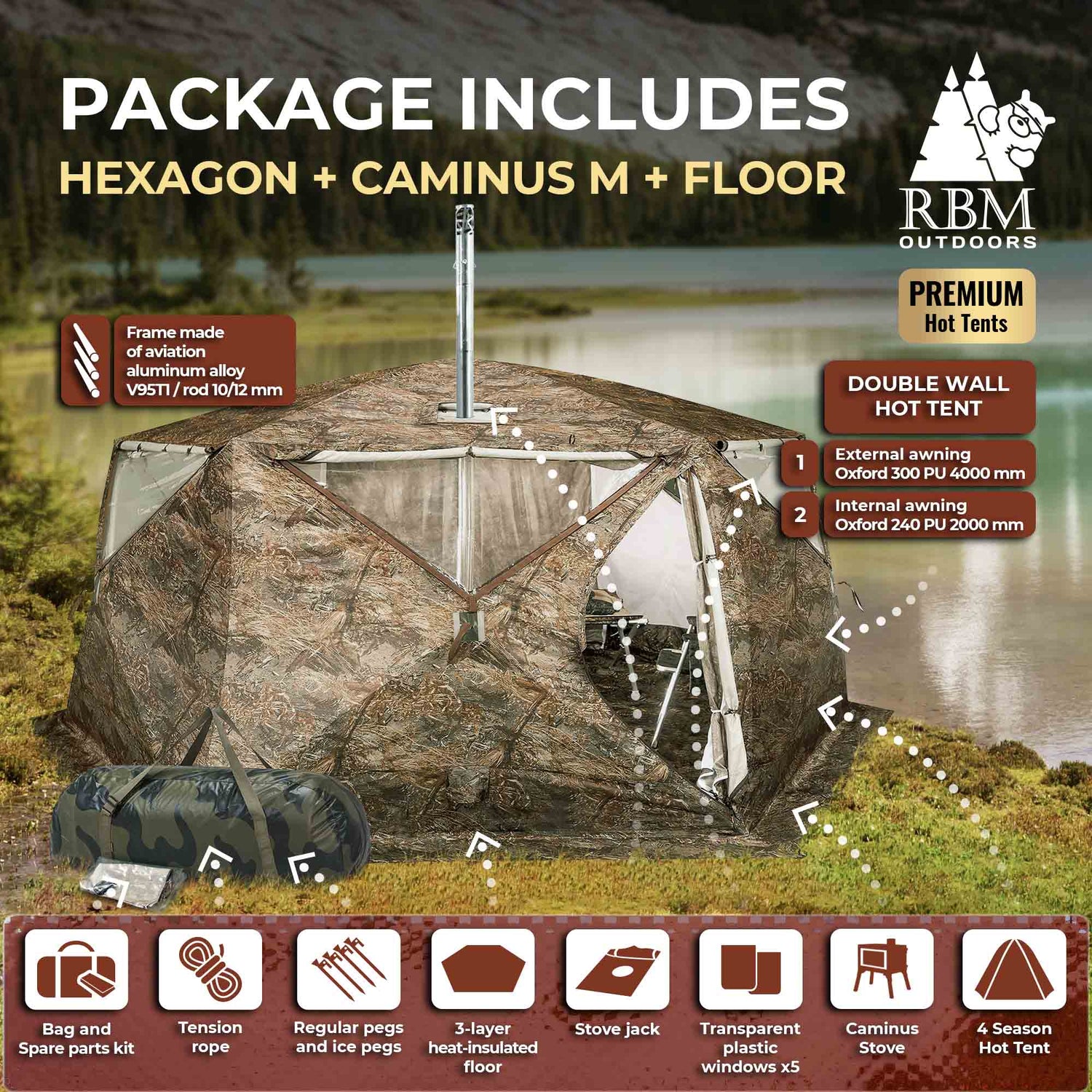 RBM All-Seasons tent Hexagon for 2-9 person + Wood Stove Caminus M + Three-Layer Floor - RBM Outdoors