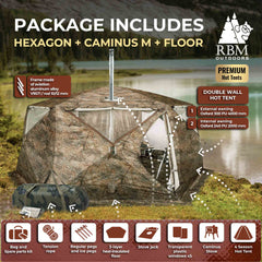 RBM All-Seasons tent Hexagon for 2-9 person + Wood Stove Caminus M + Three-Layer Floor - RBM Outdoors