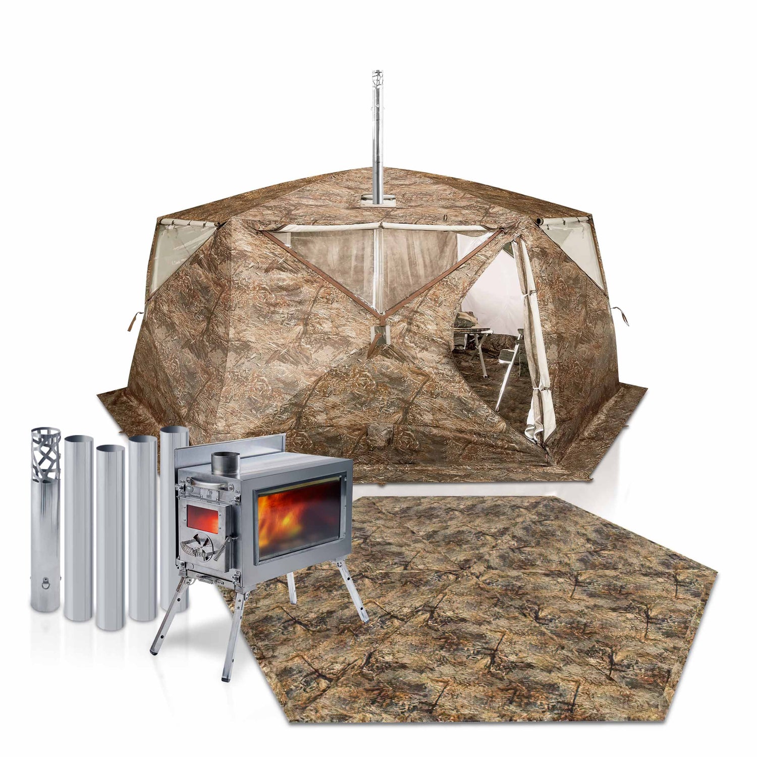 RBM All-Seasons tent  Hexagon for 2-9 person + Wood Stove Caminus M + Three-Layer Floor