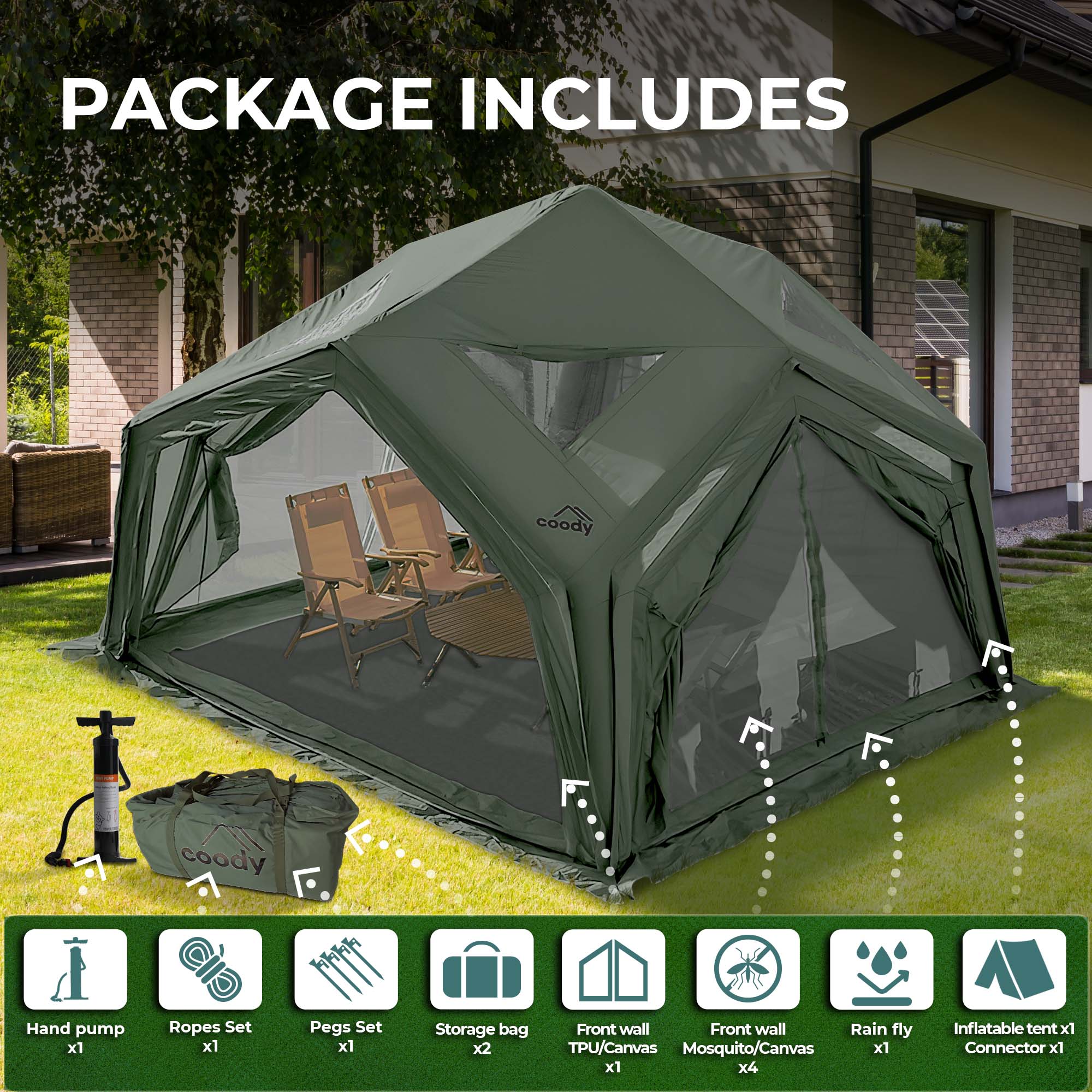 Coody Hub Forest Green (2-6 person) + Ground Sheet PVC + Carpet