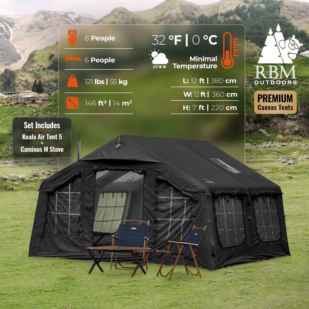 Coody 13.6 | RBM Outdoors (Koala 5) Black + Stove Caminus M - Inflatable Tents with Stove