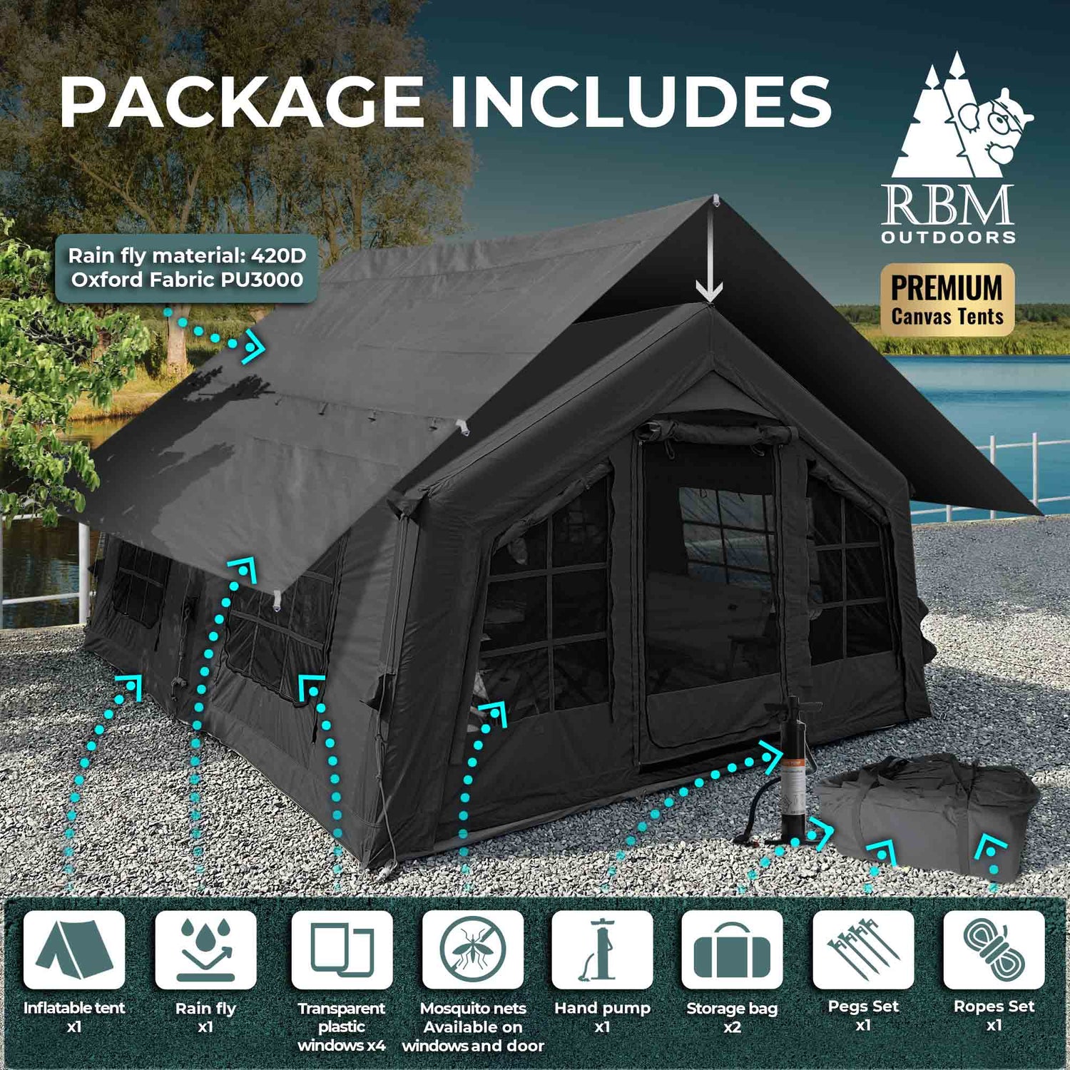 Coody 13.6 | RBM Outdoors (Koala 5) Black + Stove Caminus M - Inflatable Tents with Stove