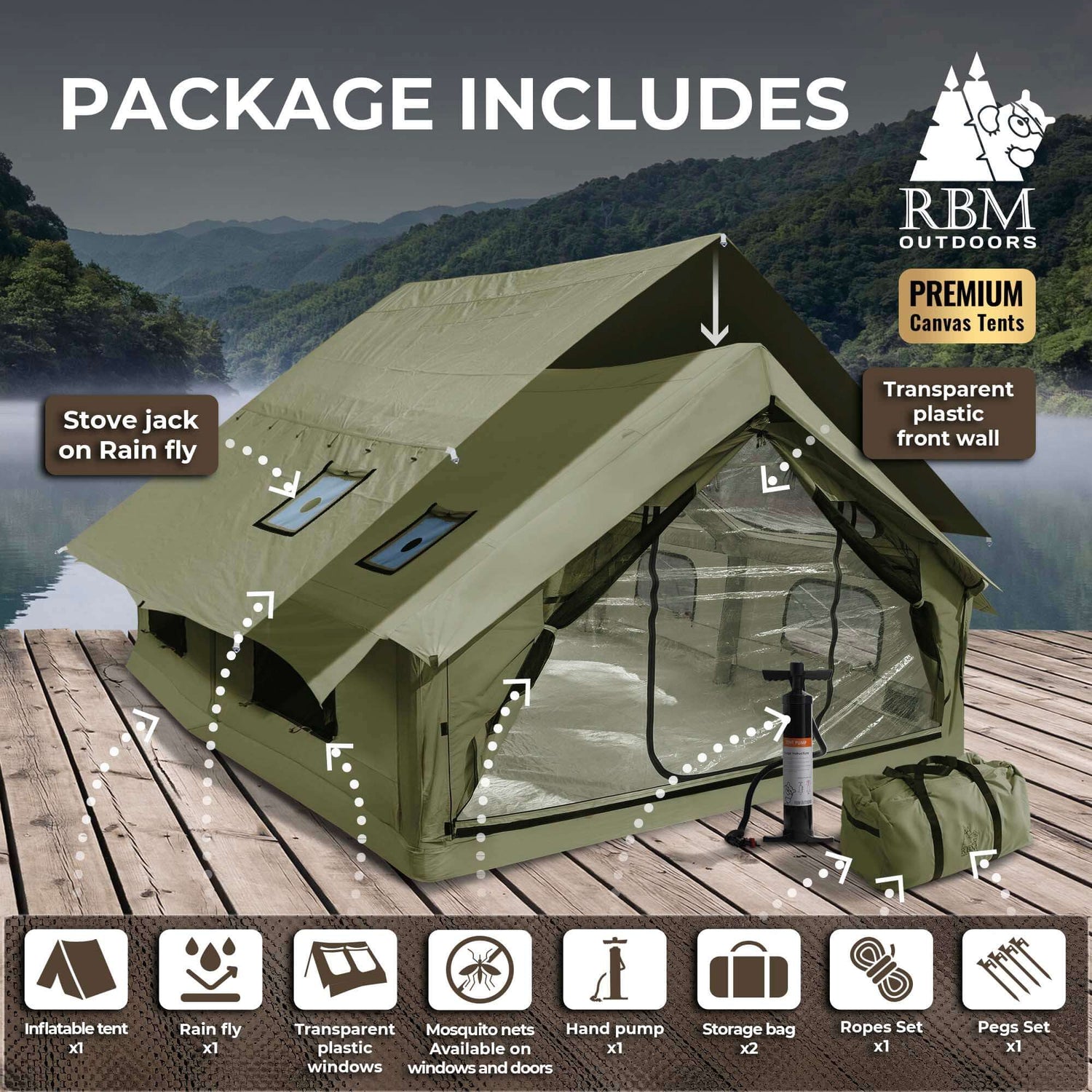 RBM Panda Large Forest Green + Stove Caminus M - Inflatable Tents for Camping with Stove