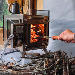RBM Caminus S small wood burning tent stove with chimney pipe