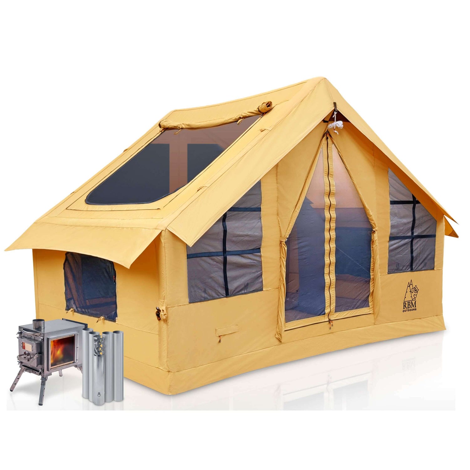 RBM Panda Medium Sunny Beige + Stove Caminus S - Inflatable Tents for Camping with Stove