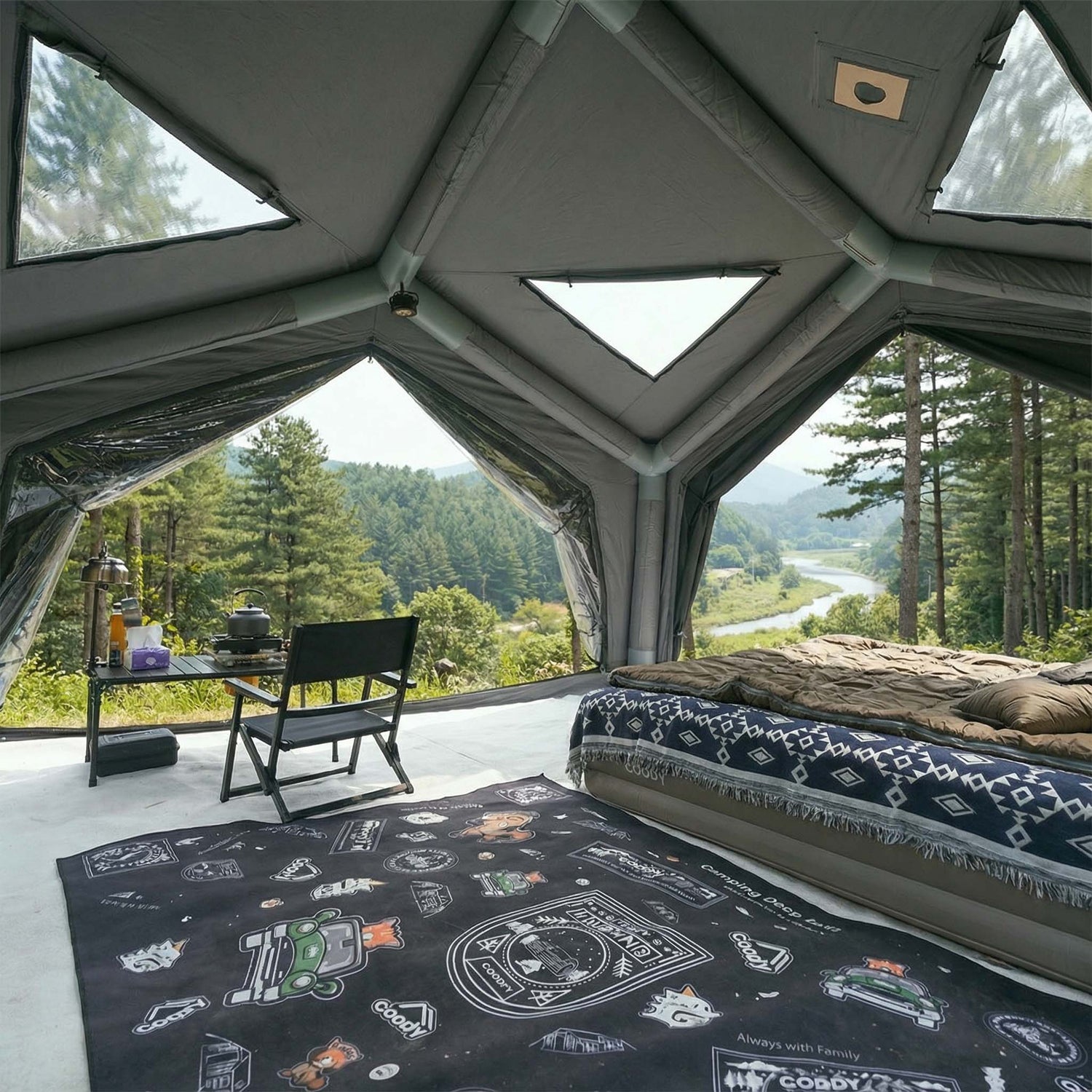 Coody Hub airtent with four entrances and open interior layout