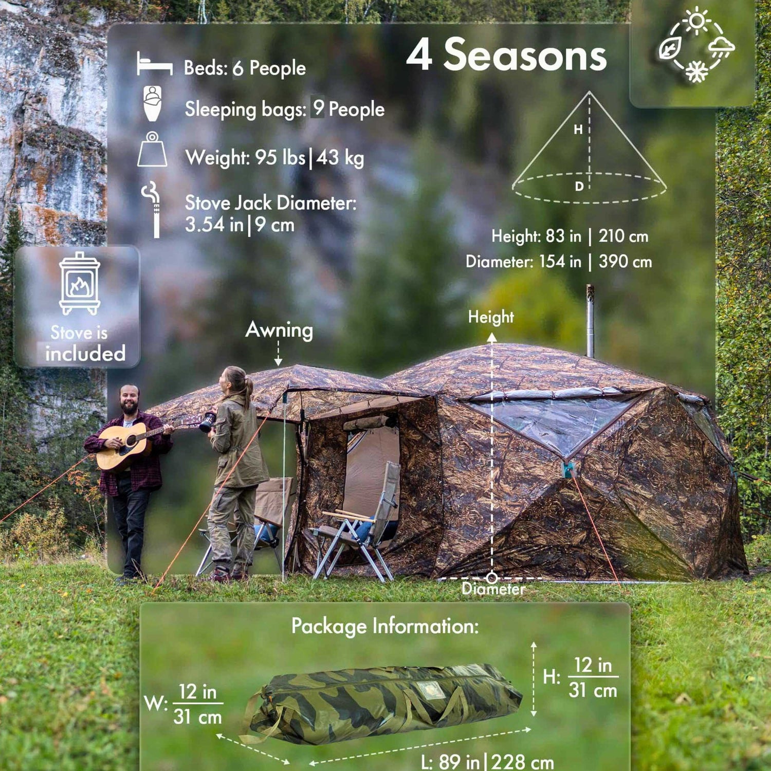RBM All-Seasons tent  Hexagon for 2-9 person + Wood Stove Caminus M
