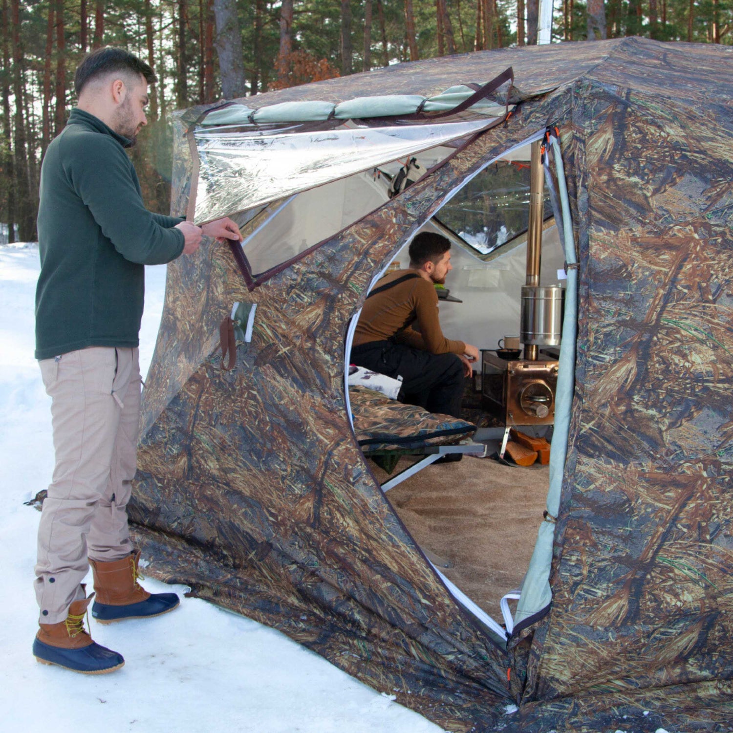 RBM All-Seasons tent Hexagon for 2-9 person + Wood Stove Caminus M + Three-Layer Floor - RBM Outdoors