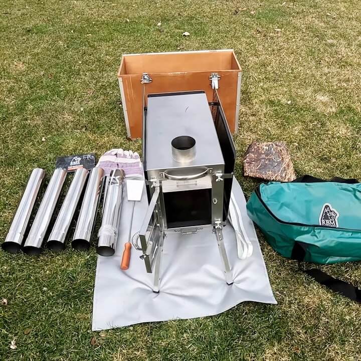 RBM Caminus M medium hot tent stove installed inside canvas shelter