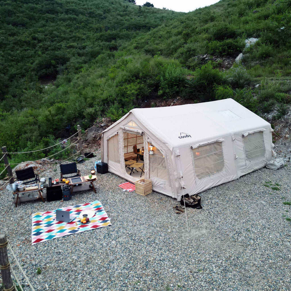 Coody 17.2 | RBM Outdoors (Koala 7) Beige + Stove Caminus M - Inflatable Tents for Camping with Stove